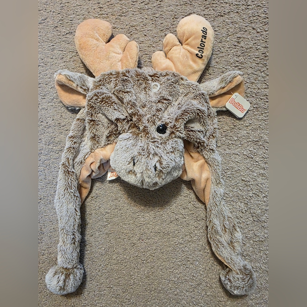 DolliBu Brown Moose Plush Hat - Moose Stuffed Animal Winter Hat